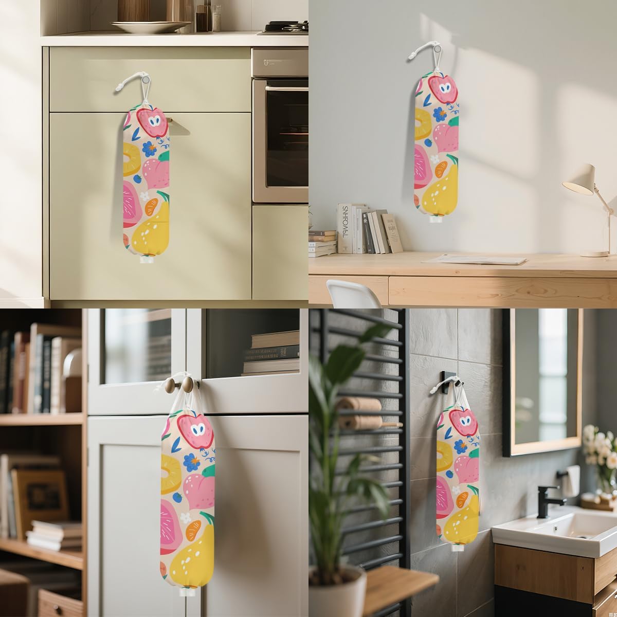 Abstract Summer Fruits Plastic Bag Holder for Kitchen Essentials, Grocery Bag Holder for Plastic Bags, Dragon Fruit Orange Peach Reusable Grocery Bags Storage Dispenser for Home Kitchen Farmhouse
