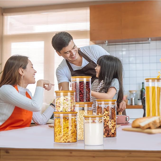 Vtopmart Glass Food Storage Jars, 7 Pack Kitchen Containers with Airtight Bamboo Wooden Lids for Pasta, Cookies, Nuts, Coffee Beans, Cereal, Canisters Set for Flour, Pantry Organization, BPA Free