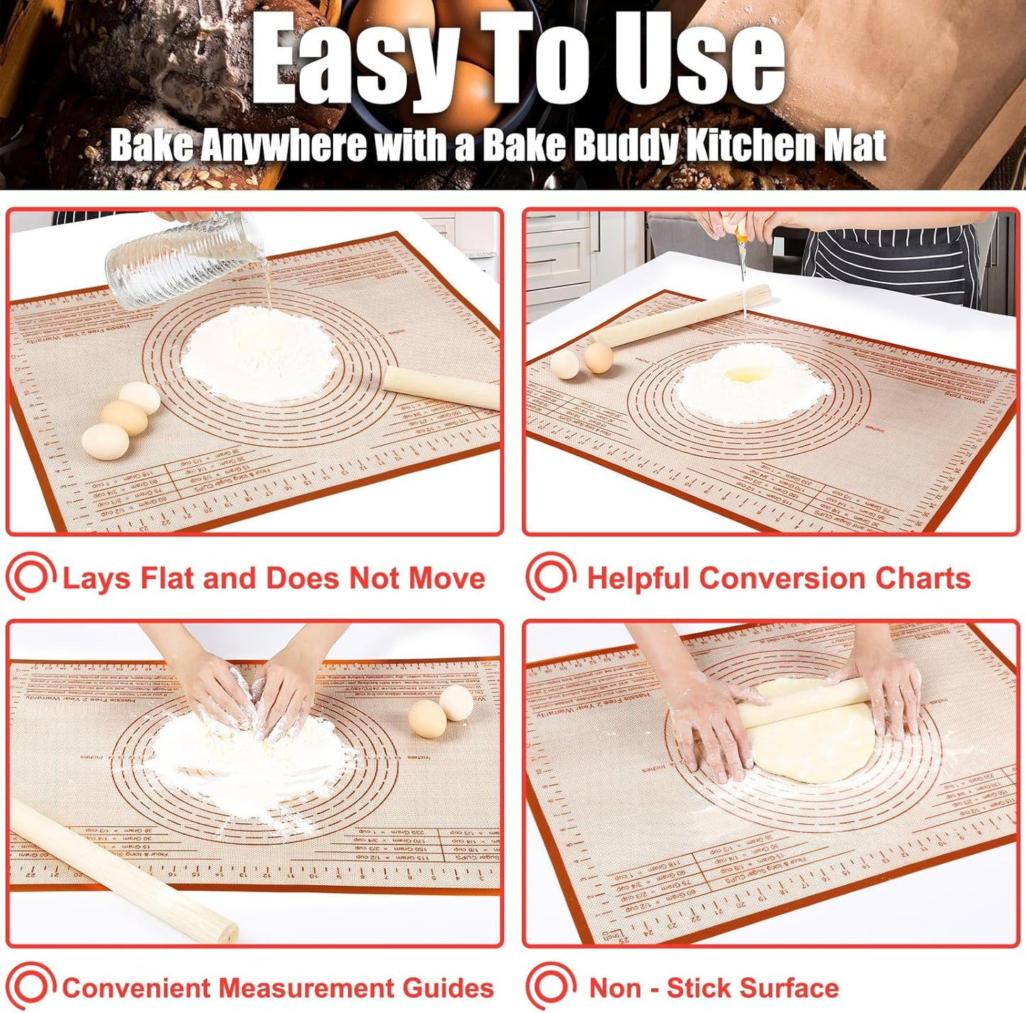 Silicone Pastry Mat 28''By 20'' Nonstick Baking Mats Non-slip Counter Mat for Dough Rolling, Pastry, Pie Crust, Fondant, Cookies, Bread, Pasta, Pizza Mat