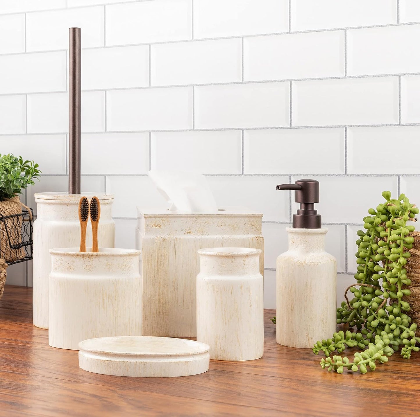 Creative Scents Rustic Luxe Bathroom Soap Dispenser - Beige Hand Soap Dispenser for Bathroom with Strong Easy Dispensing Pump - Rustic Farmhouse Decor – Resin Lotion Dispenser with Pump Holds 8.8 Oz.