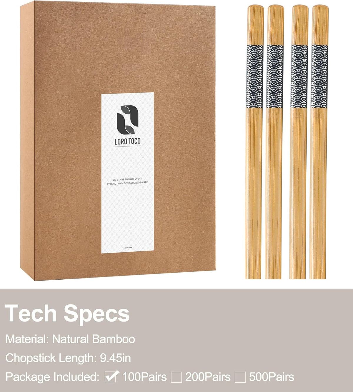 100 Pairs Bamboo Chopsticks | Disposable | Reusable | Separated Chopsticks Dishwasher Safe - (9.45in)