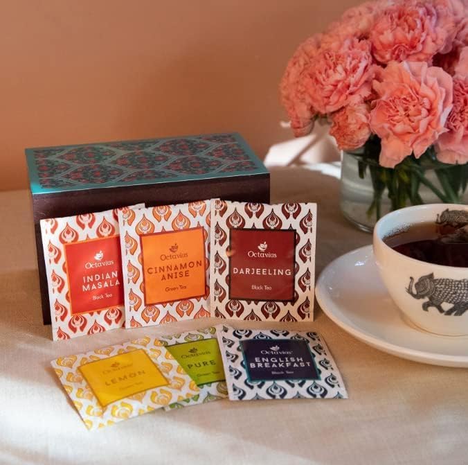 Octavius Assorted Tea Gift Set | 6 Assorted Black & Green Teas | 30 Teabags | Wooden Tea Sampler Pack w/Ornate Floral Design | Pack of 2