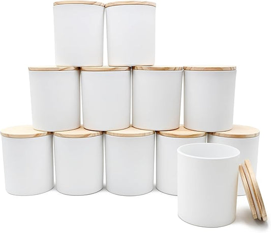 14 OZ Thick Candle Jars for Making Candles 12 Pcs, 3 Wick Empty Jars with Wood Lids for Candle Making, Sample Container,Matte White