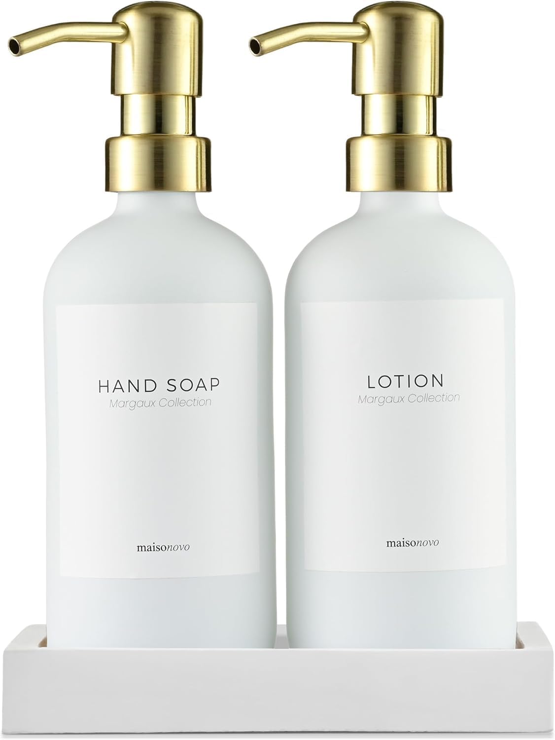 MaisoNovo Soap Dispenser 3-Piece Set | 16.9oz White Bottles with Gold Stainless Steel Pumps