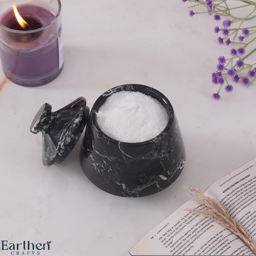 Marble Salt Cellar With Lid & Spoon Black Zebra 4 Inch Stone Salt Container - Seasoning Spice Jar Holder & Jewelry Storage - Salt Box For Kitchen Counter