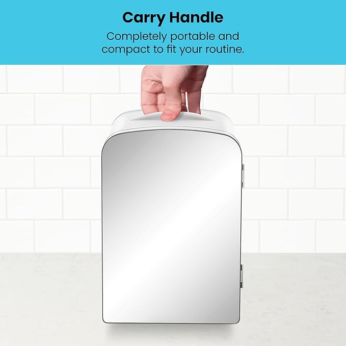 Chefman - Iceman Portable Mirrored Personal Fridge 4L Mini Refrigerator, Skin Care, Makeup Storage, Beauty, Serums & Face Masks, Small For Desktop Or Travel, Cool & Heat, Cosmetic Application, White