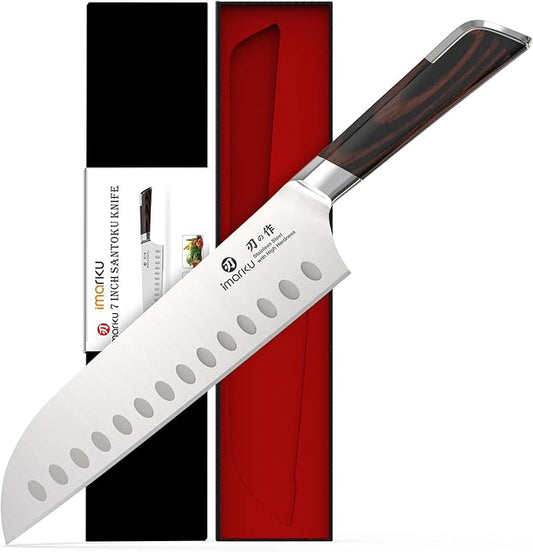 imarku Japanese Santoku Knife 7 Inch, Ultra Sharp Chef Knife, Professional Grade Powder High Carbon Steel Forged Kitchen Knife, PakkaWood Ergonomic Handle, Gifts for Women and Men
