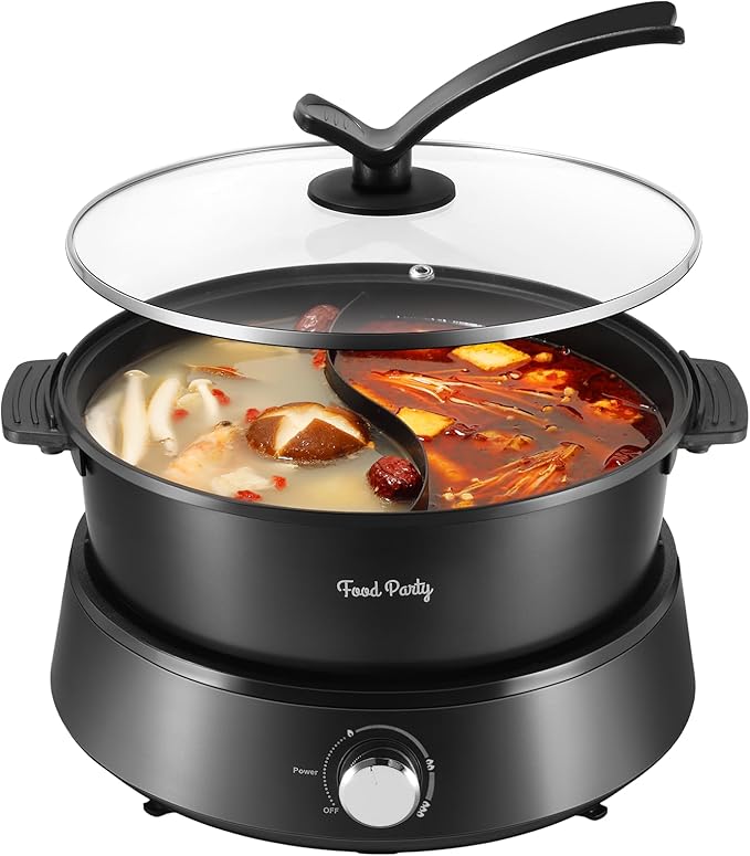 Food Party Hot Pot Electric Hotpot Separable Shabu Shabu Pot with Divider Hotpot Cooker Electric Dual Sided 110V 1350W Non-Stick 4L Fondue Pot for 2-6 People