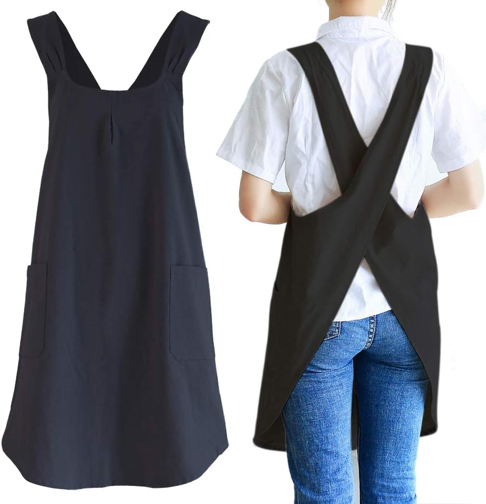 NEWGEM Japanese Linen Cross Back Cooking Aprons for Women Men with Pockets Cute for Baking Kitchen