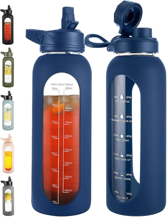 CIVAGO 40 oz Glass Water Bottle with Straw and Handle, Large Sports Motivational Water Bottle Flask with Time Marker and 2 Lids, Leakproof Water Jug Canteen with Silicone Sleeve for Gym,Navy
