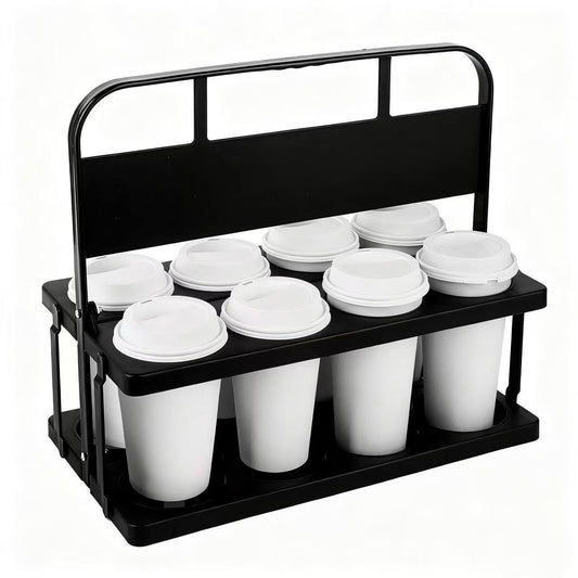 Bodaon 8 Cup Drink Carrier with Handle, Plastic Cup Carriers for Drinks, Drink Holder for Car, GrubHub/Eats Doordash Accessories, Portable Foldable Reusable Mobile, Use for Food Delivery Bag, Black