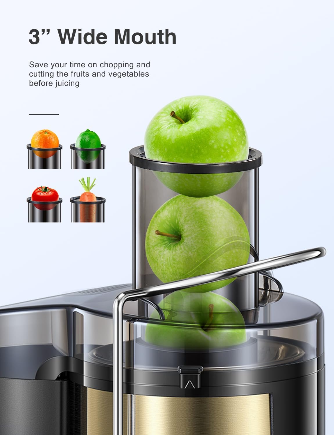 Juicer Machine, 800W Centrifugal Juicer Extractor with Wide Mouth 3” Feed Chute for Fruit Vegetable, Easy to Clean, Stainless Steel, BPA-free (Gold)