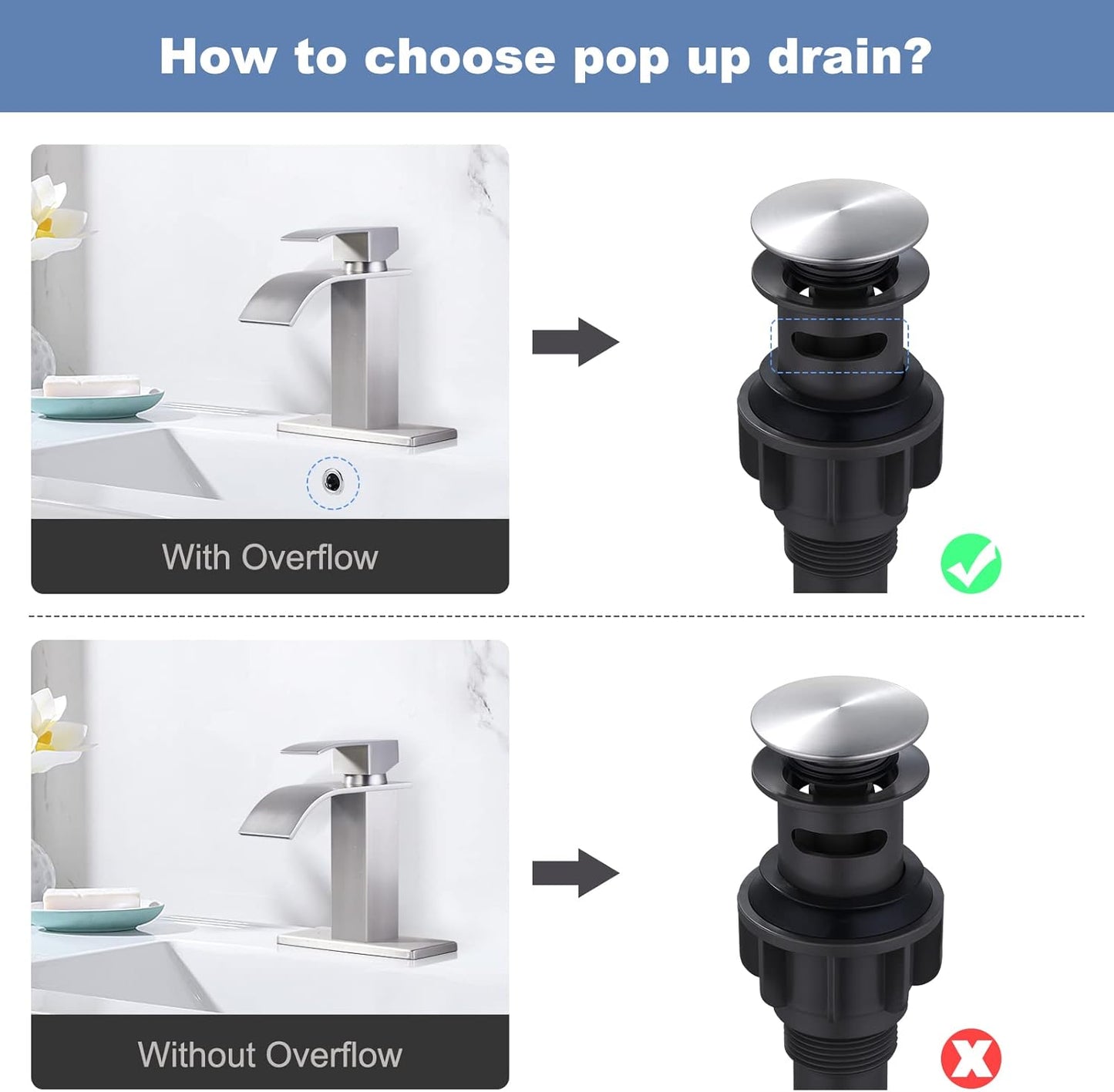 ARCORA Bathroom Sink Drain with Overflow 2 Pack, Brushed Nickel Pop Up Drain Stopper Vanity Vessel Sink Clicker Drain Stopper