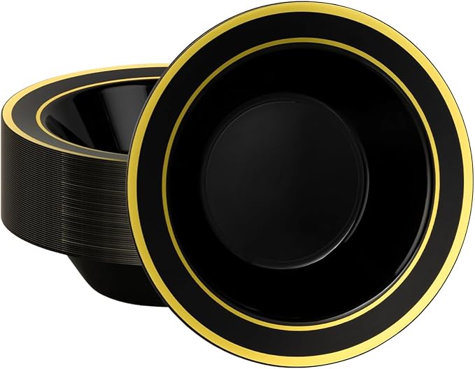 50 Pack Black Disposable Bowls with Gold Rim, 12oz Black Plastic Soup Bowls for Party, Wedding, Holiday,And Halloween