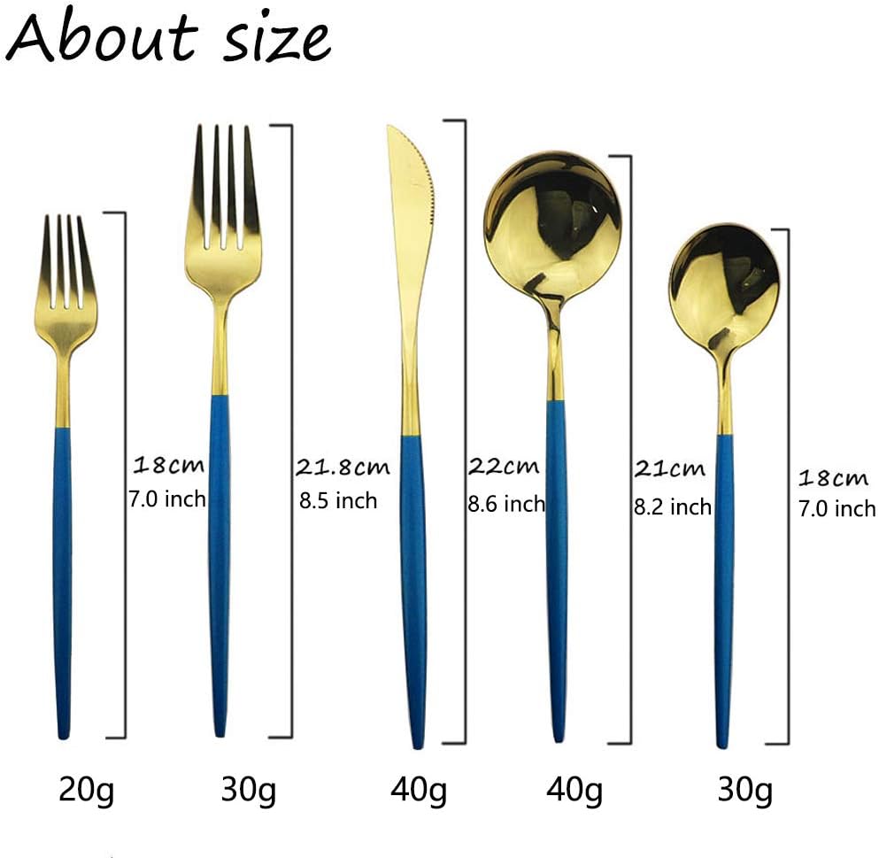 Blue Gold Silverware Set, JASHII 30-Piece Stainless Steel Satin Finish Flatware Set, Kitchen Utensil Set, Mirror Polished Tableware Cutlery Set for Home and Restaurant, Dishwasher Safe
