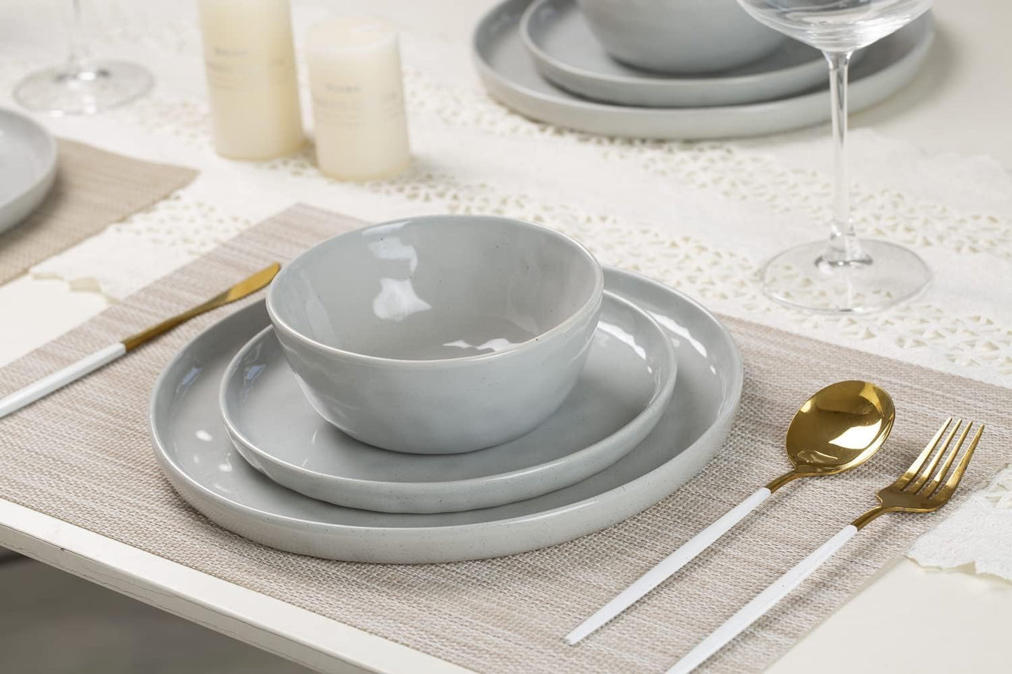 Famiware Mars Plates and Bowls Set, 24 Pieces Dinnerware Sets, Dishes Set for 8, Light Gray