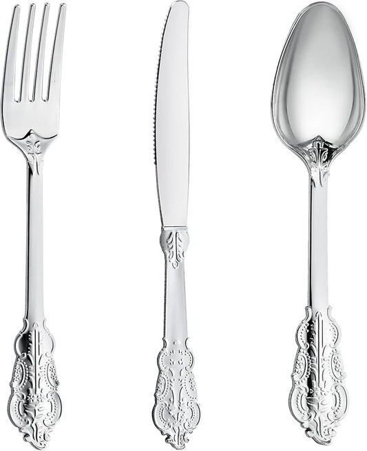 N9R 120PCS Silver Plastic Silverware, Heavy Duty Plastic Cutlery for Parties, Fancy Disposable Flatware Set Includes 40 Forks, 40 Spoons, and 40 Knives, Perfect for Weddings, Dinners, Picnics, Party