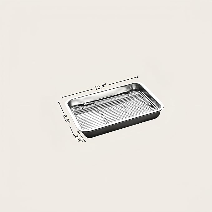 Roasting Pan Heavy Duty Stainless steel Turkey Pans for Oven,Toaster Oven Tray Pans with cooling rack,Hotel Pan, Barbeque Grill Pan,Deep Edge,Mirror treatment, Dishwasher Safe (12.4"x8.5"x2.8")