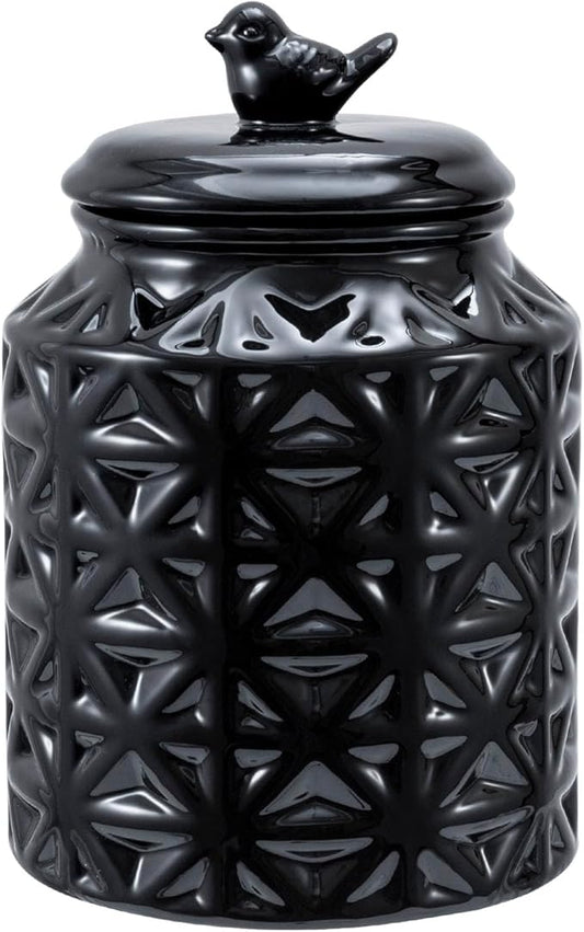 MyGift 6 Inch Round Black Ceramic Cookie Jar with Airtight Lid and Bird Shape Top Handle, Vintage Style Kitchen Canister with Embossed Geometric Star Pattern
