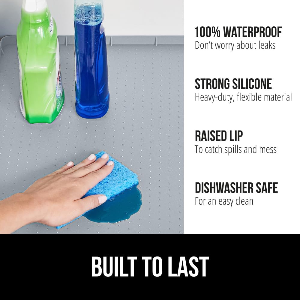 GORILLA GRIP Waterproof Silicone Under Sink Mat with Raised Lip for Kitchen and Bathroom, 34 x 22 in, Cabinet Shelf Liner Stay in Place Mats Dishwasher Safe Drawer Liner, Organizer Tray, Light Grey