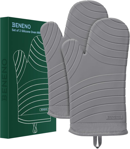 Beneno BPA-Free Silicone Oven Mitts, Heat Resistant Waterproof Oven Mitts with Non-Slip Textured Grip, Comfortable Quilted Lining, Kitchen Pot Holders for Cooking, Baking, Grilling, 7"x13", 2Pcs Gray
