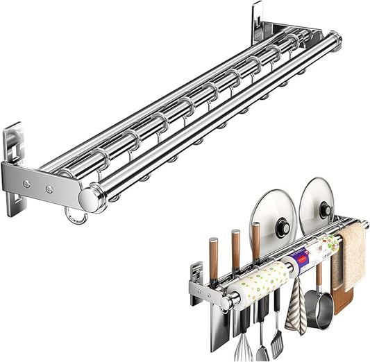 Hanging Wall Mount knife Wall Mount, Kitchen Organizer Storage Shelf for Utensils Spatula Spoon, Space-Saving Knife Rack with Hooks,Wall-Mounted Utensil Holder (Silver, 60CM+Three Poles+10Hooks)
