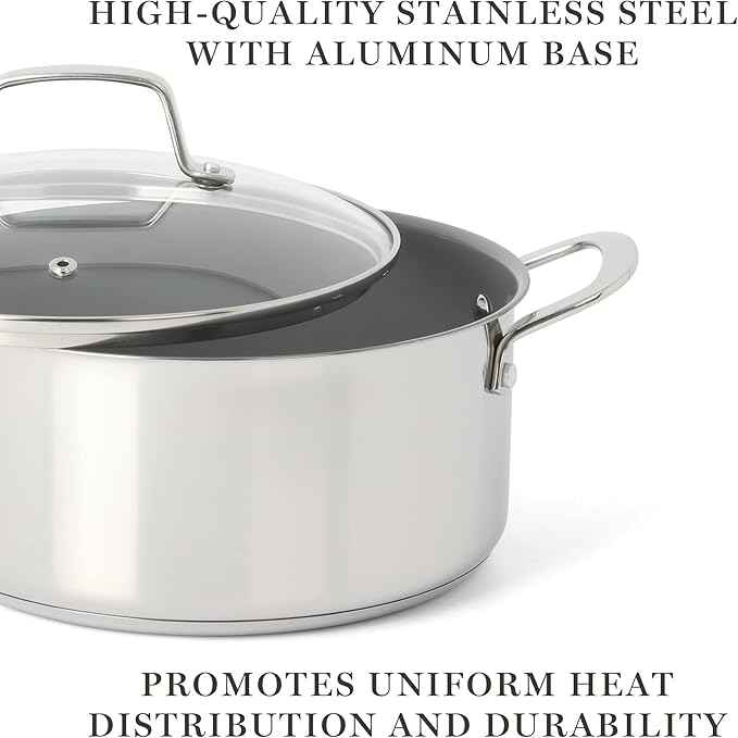Martha Stewart Delaroux 10 Piece Stainless Steel Pots and Pans Kitchen Cookware Set w/PFAs Free Premium Nonstick Ceramic Interior