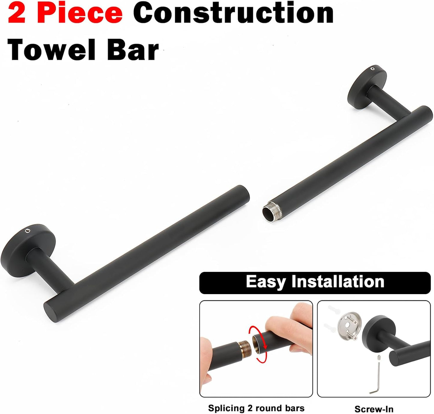 NearMoon Bath Towel Bar, Bath Accessories Thicken Stainless Steel Shower Towel Rack for Bathroom, Towel Holder Wall Mounted (1 Pack, Matte Black, 18 Inch)