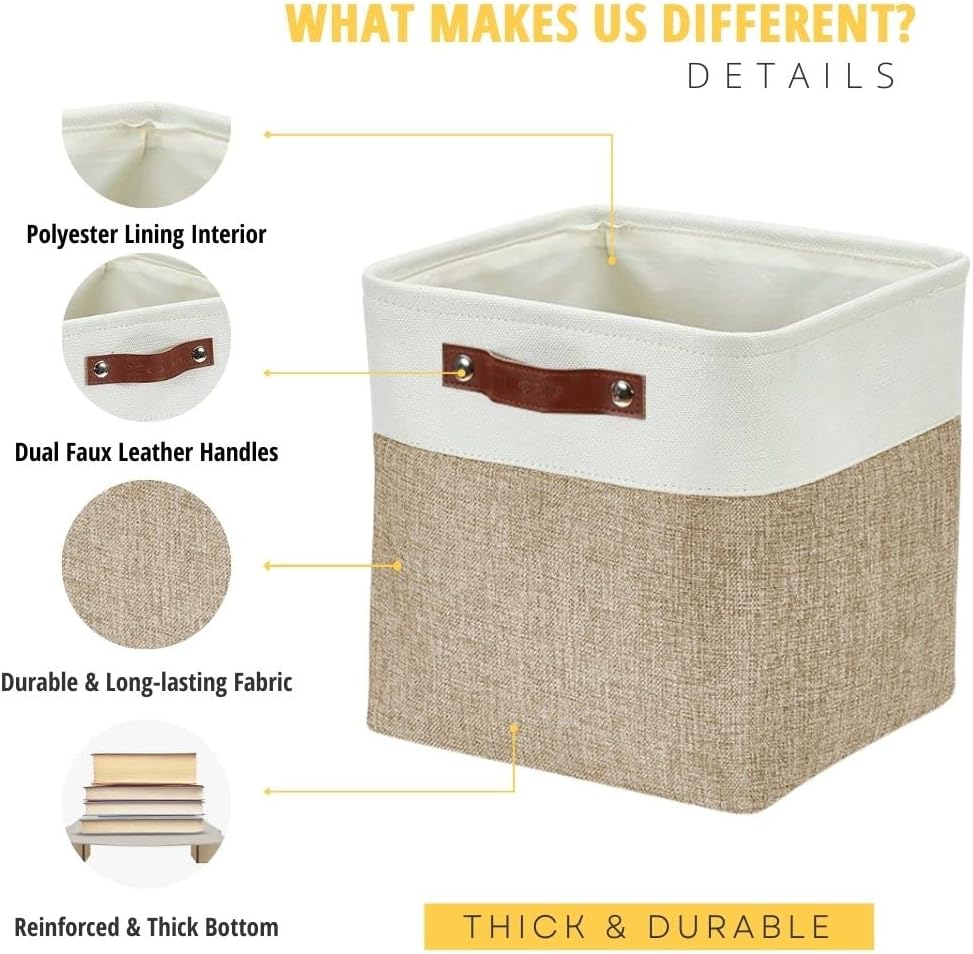 DECOMOMO Storage Cubes, 12x12 Storage Bins, Baskets for Shelves (Beige & White, Cube 12" - 4 Pack)