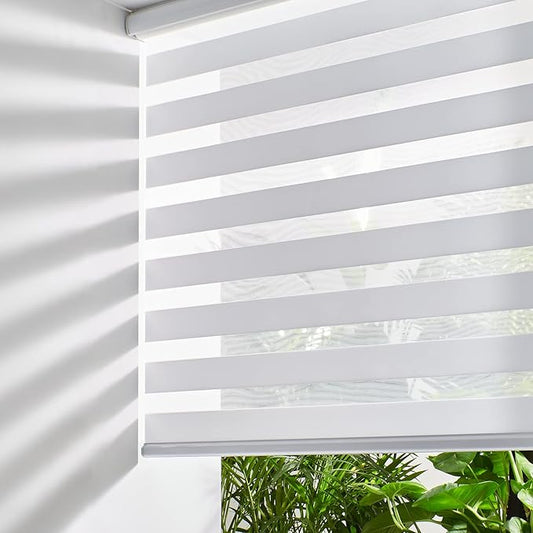 Persilux Cordless Zebra Blinds for Indoor Windows, Free-Stop Light Filtering Sheer Shades, Dual Layer for Day and Night, Roller Shades for Home (31.5" W X 64" H, White)