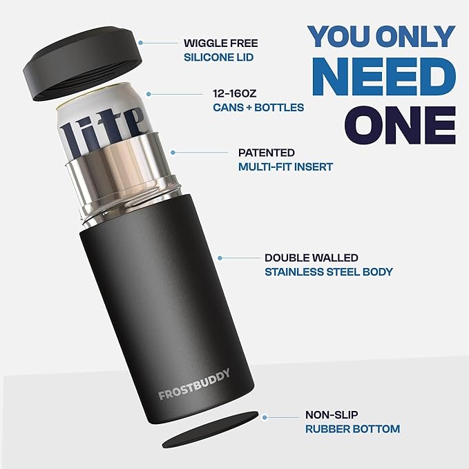 Frost Buddy Universal Can Cooler - Fits all - Stainless Steel Can Cooler for 12 oz & 16 oz Regular or Slim Cans & Bottles - Stainless Steel (Peeps Drip)