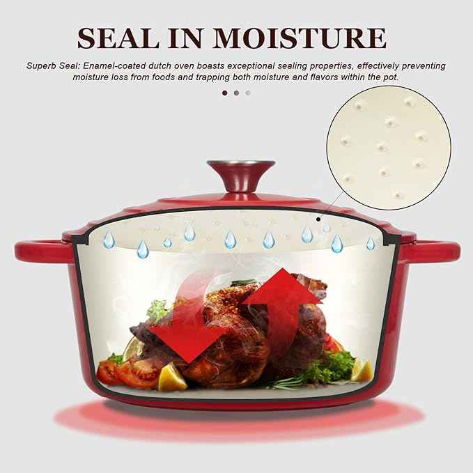 Overmont Enameled Cast Iron Dutch Oven - 7QT Pot with Lid Cookbook & Cotton Potholders - Heavy-Duty Cookware for Braising, Stews, Roasting, Bread Baking red