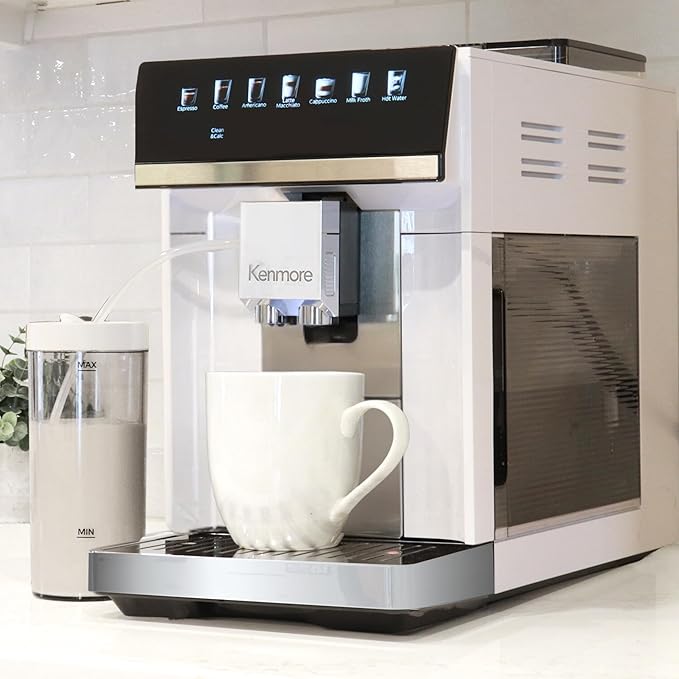 Kenmore Fully Automatic Coffee Maker - with Grinder, Milk Frother & Steamer, Auto Tamper, Descaler Expresso Machine, cafeteras electricas modernas machines For Home/Office White