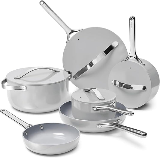 Caraway Deluxe Non-stick Ceramic Cookware Set (16 Piece) Pots, Frying Pans, Lids and Kitchen Storage - PFAS & PFOA Free - Oven Safe Pan Set & Compatible with All Stovetops - Gray
