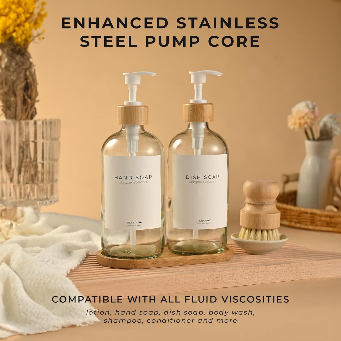Maisonovo Glass Soap Dispenser Bathroom Set | Hand Soap and Dish Soap Dispenser Set | 16.9oz Clear Bottles with White Bamboo Pump | Bathroom Lotion Dispenser with Pump Set of 2