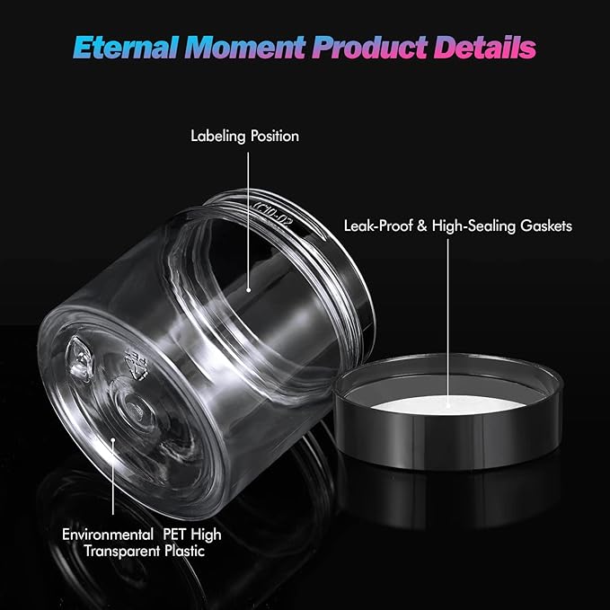 50 Pack 2 OZ Plastic Jars Round Clear Cosmetic Container Jar with Lids, Eternal Moment Plastic Slime Jars for Lotion, Cream, Ointments, Makeup, Eye shadow, Rhinestone, Samples, Pot, Travel Storage
