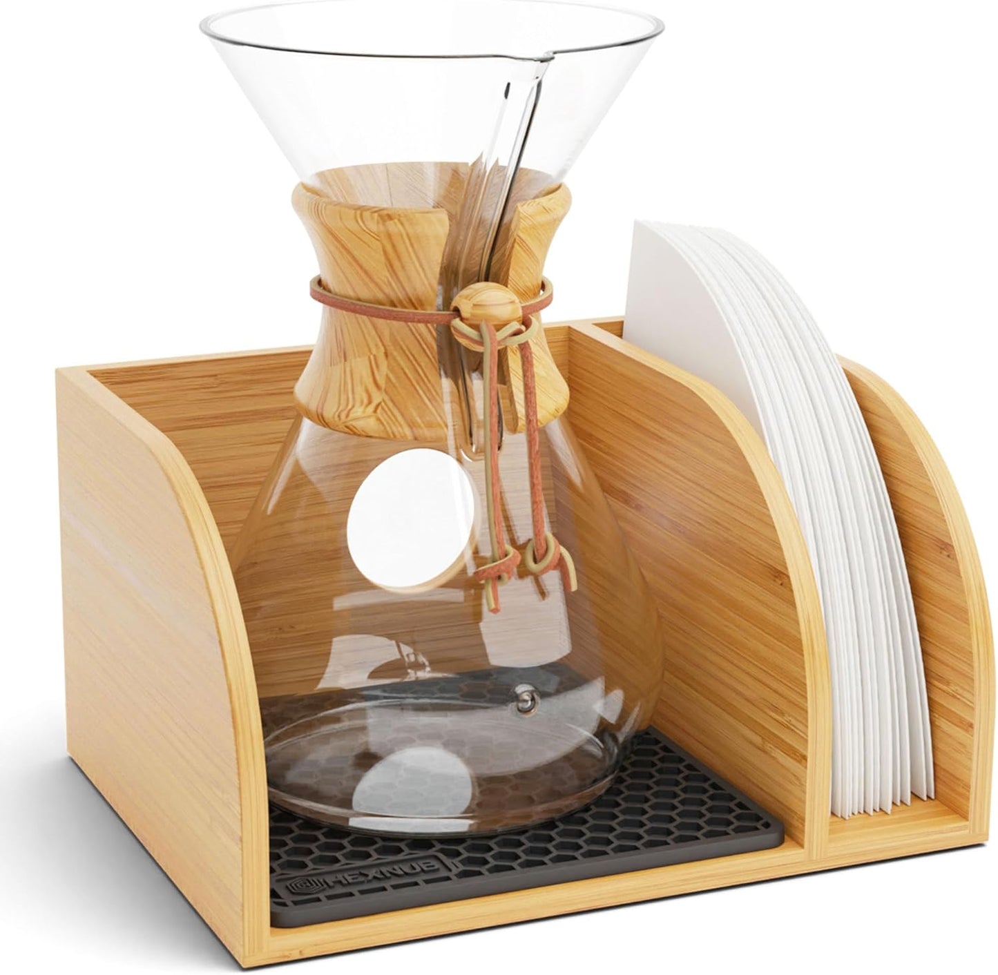 HEXNUB – Caddy for Pour Over Coffee Makers, Bamboo Stand fits Chemex, Bodum, Cosori Carafes, Heatproof Mat, Filter Holder for Coffee Brewing - Black Mat