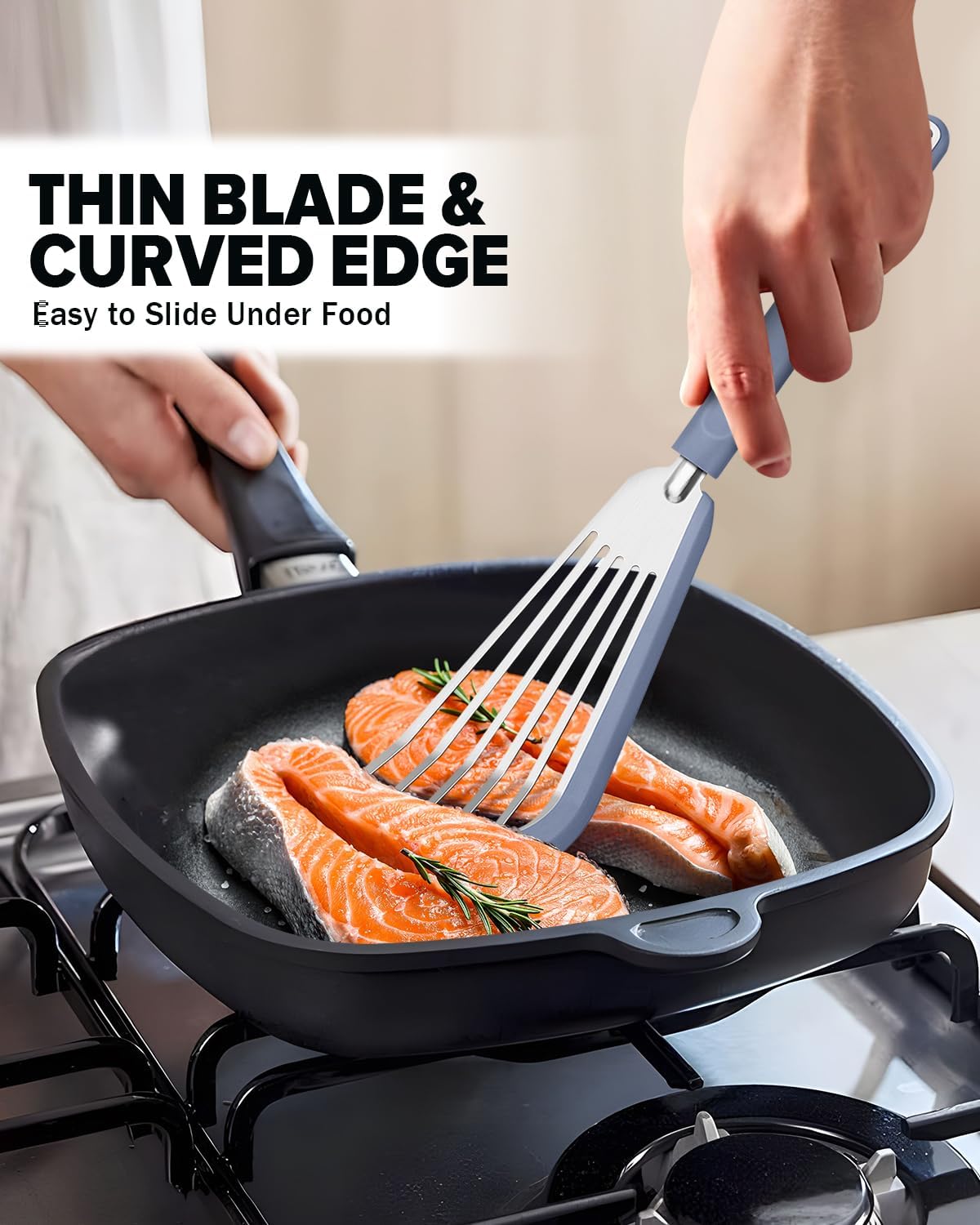 Silicone Fish Spatula Turner Set of 2, Thin Slotted Spatulas Turner for Nonstick Cookware,Heat Resistant Flexible Stainless Steel Kitchen Cooking Spatula Flipper for Fish, Egg, Pancake (BG)