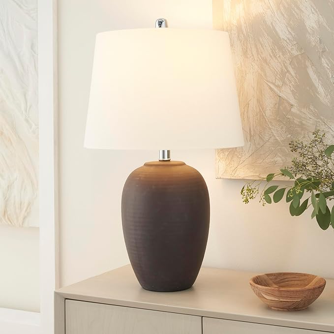 Nourison Home 23" Dark Purple Distressed Ceramic Pot Table Lamp for Bedroom, Living Room, Dining, Office, with White Shade
