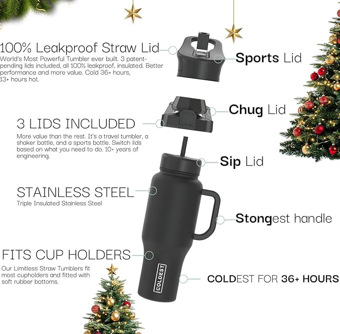 Coldest Tumbler with Handle and Straw - 100% Leak Proof Insulated Tumbler with Lid and Straw (3 Lids) - Stainless Steel Tumblers for Women & Men - Cup Holder Friendly Base, 46 oz (Tasty Lolipop)