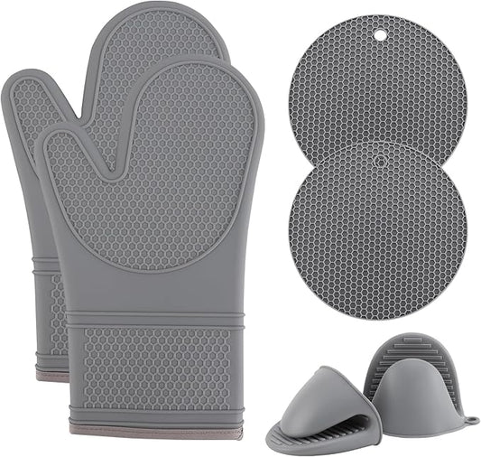 COOK WITH COLOR Silicone Oven Mitts- Heat Resistant Gloves with Soft Quilted Lining Oven Mitt Pot Holders for Cooking and BBQ, Gray, Mitt Set