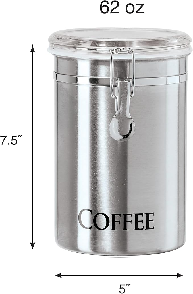 OGGI Stainless Steel Canister 62oz - Airtight Clamp Lid, Clear See-Thru Top. Large Size 5" x 7.5" & Jumbo 8" Stainless Steel Flour Clamp Canister - Airtight Food Storage Container Ideal, Dry Foods