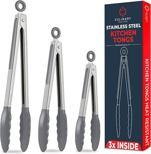 Kitchen Tongs for Cooking with Silicone Tips, Heat Resistant Tongs for Serving Food, 7-Inch, 9-Inch, 12-Inch Locking Silicone Tong, Set of 3 Salad Tong, Grey Kitchen Utensils