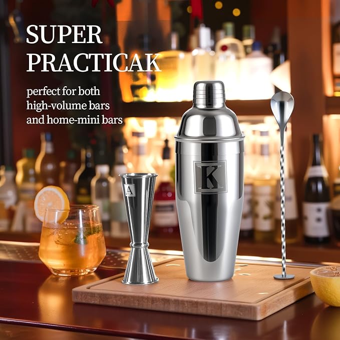 24oz Cocktail Shaker Set with 1 oz 2oz Jigger - Monogramm Initials Martini Shaker Set - 304 Stainless Steel Bar Shaker for Margarita,Mojito-Personalized Gift for Friend,Husband-Q