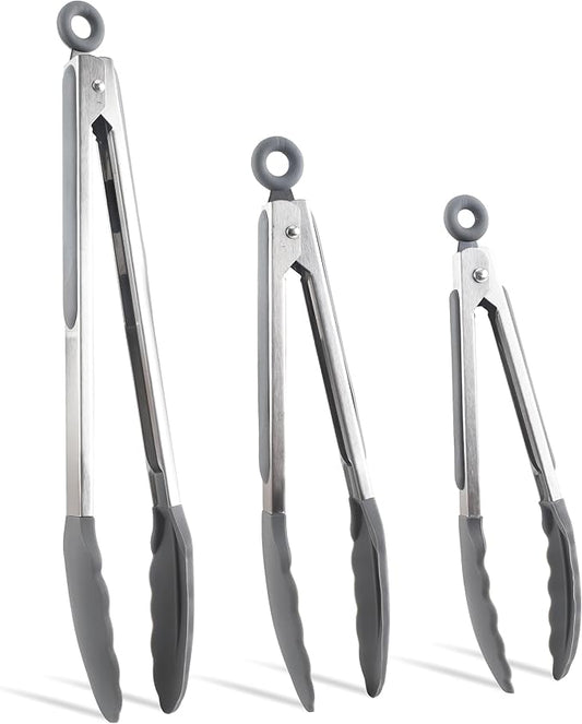 COOK WITH COLOR Stainless Steel Silicone Tipped Kitchen & BBQ Tongs Set, 3 Pc. Tongs, Black