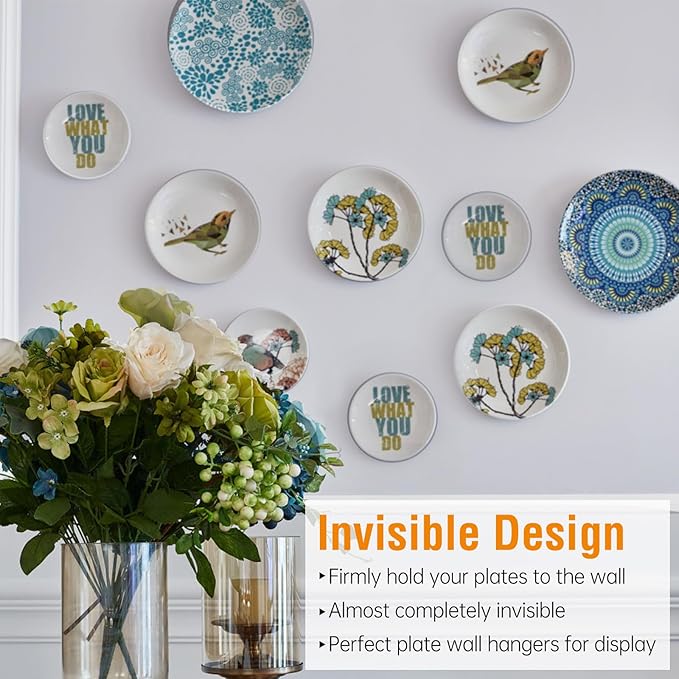 Bilillo 14 pcs Plate Hangers for The Wall, 4/6/8/10/12 Inch Invisible Plates Hangers, Stainless Steel Plate Wall Holders for Display Various Sizes with Hooks for Decorative