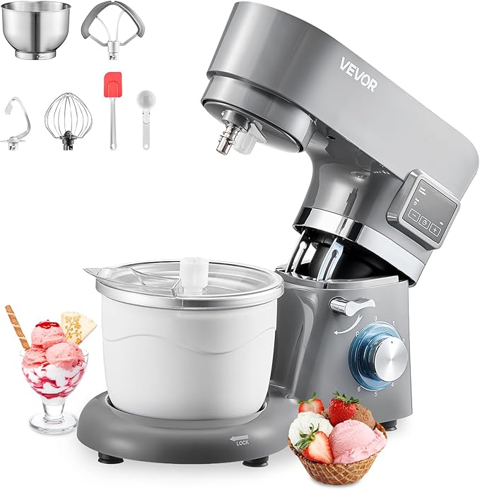 VEVOR Ice Cream Maker, 1.8 Qt. Capacity, 6-Speed Electric Stand Mixer, with LED Digital Display & Timer, Mixing Paddle, Dough Hook, Splash Guard, for Homemade Frozen Yogurt Fruit Sorbet Gelato, Grey