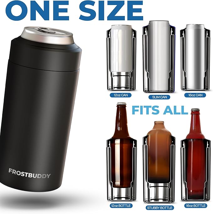 Frost Buddy Universal Buddy Can Cooler - Fits All - For Regular 12 & 16 oz or Slim-Size Bottles - Insulated Double-Walled Stainless Steel (Dark Night)