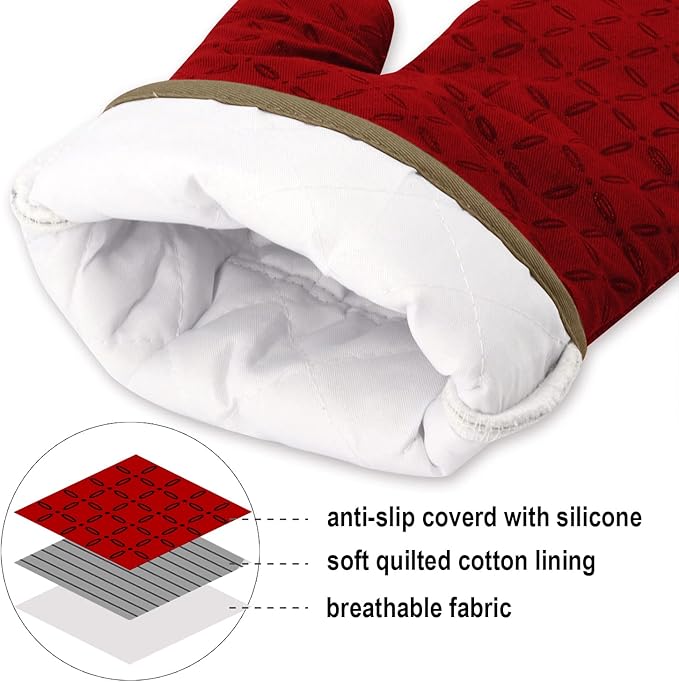 KEGOUU Oven Mitts and Pot Holders 6pcs Set, Kitchen Oven Glove High Heat Resistant 500 Degree Extra Long Oven Mitts and Potholder with Non-Slip Silicone Surface for Cooking (Red)