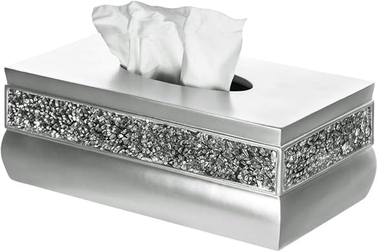 Crackled Glass Silver Tissue Box Cover Rectangular - Decorative Bling Tissue Box Holder With Beautiful Mosaic Glass - Elegant Tissue Holder For Bathroom With Durable Bottom Slider (Silver Collection)